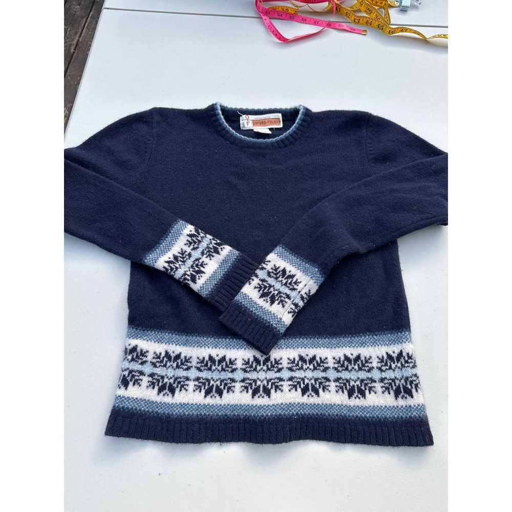 Oxford Fulham Mens Navy Blue Lambswool Fair Isle Snowflake Sweater Large‎